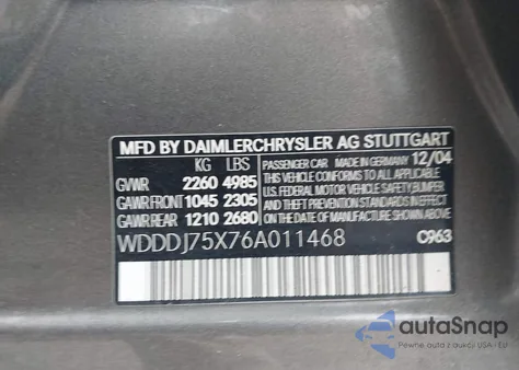 2006 Mercedes-Benz Cls 500 из США, поврежденный, VIN WDDDJ75X76A011468